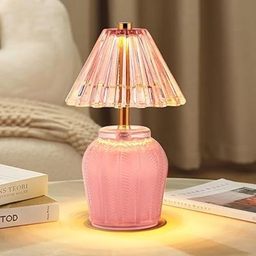 Small Battery Operated Lamp with Timer, Tiny Cordless Glass Table Lamp for Home Decor, Kitchen, Bathroom, Birthday Gift for Women, Cream Pink
