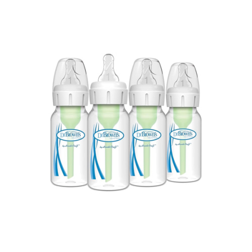 Dr. Brown's Natural Flow Anti-Colic Options+ Narrow Baby Bottle, 4 oz/120 mL, with Level 1 Slow Flow Nipple, 0m+, 4 Bottles