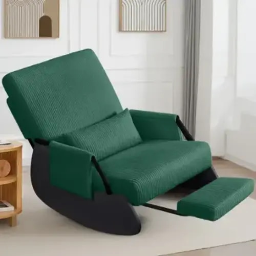 KERDOM - Corduroy Rocking Chair with Footrest, Cover Washable, Upholstered Cradle Armchair Nap Recliner Glider Chair with Ottoman - Green