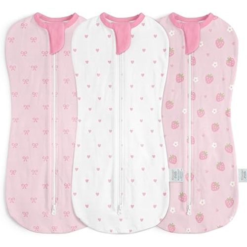 Baby Swaddle 0-2 Months, Cotton Arm-In Zipper Sleep Sack, Wearable Blankets Wrap for Newborn Infant Girls (Bow, Heart, Strawberry, Pack of 3)
