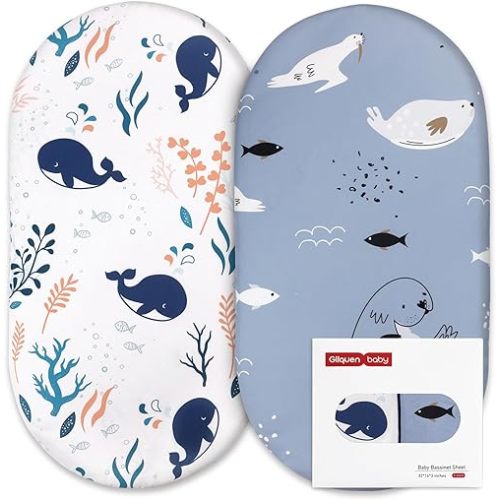 Gllquen Baby Bassinet Sheets Set 2-Pack, Breathable Cozy Bassinet Fitted Sheet Universal Fit Standard Mattress Oval Rectangle Cradle Baby Sheets for Baby Boy Girls Unisex 32"x16" (Sea Lions)