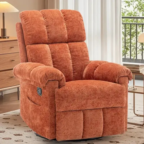 Recliner Chair, Swivel Rocker Recliner Chair for Adults, Small Recliners for Small Spaces, Manual Recliner with Side Pockets, Upholstered Nursery Rocking Chair for Living Room, Chenille, Orange