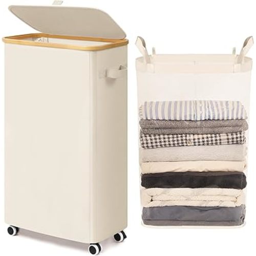 Goodpick 75L Slim Rolling Laundry Basket with Wheels and Lid, Beige
