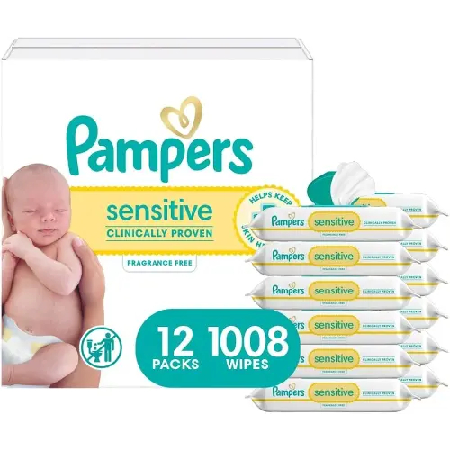 Pampers Sensitive Baby Wipes, Water Based, Hypoallergenic and Unscented, 8 Flip-Top Packs, 4 Refill Packs (1008 Wipes Total)
