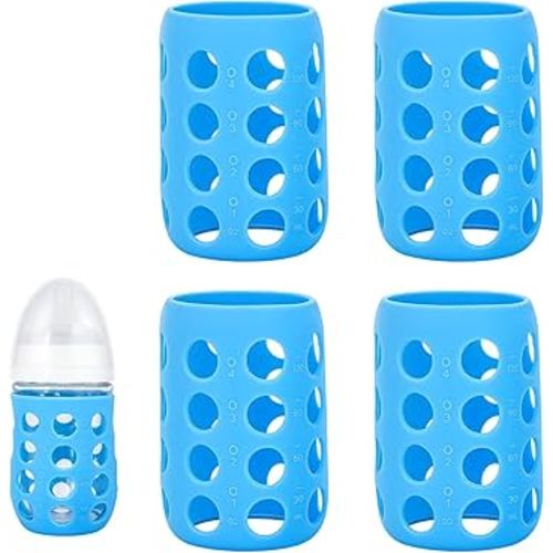 Silicone Baby Bottle Sleeve for Gulicola Glass Bottles, 4-Piece Silicone Cover for Gulicola Glass Bottles, Soft and Durable Protection with Measurement Markings, Blue Set