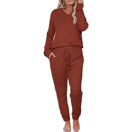 Womens Pajama Sets Waffle Knit 2 Piece Lounge Sets Sleepwear Loungewear Pjs Sets Long Sleeve V Neck Top and Pant Fall