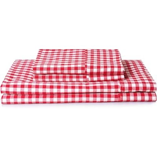 Best Season Red Sheets Cotton Checkered Twin Sheets Set 3 Piece, Farmhouse Gingham Bed Sheet 100% Cotton Luxury, Breathable & Cooling Bedding Deep Pockets Upto 16" Red & White Plaid Sheets