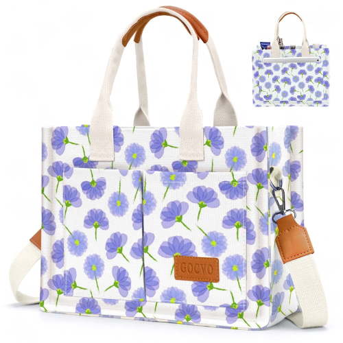 Gocvo Canvas Tote Bag for Women, Large Multi-Pocket Shoulder Handbag, Crossbody Messenger Bag, Purple Flower
