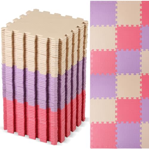 Nuanchu 60 PCS Kids Foam Puzzle Mat,Pink, Beige, Purple | 12 Inch, Solid Color Foam Play Mat Bulk, Multi-Use Floor Rug, with Borders, Interlocking for Children