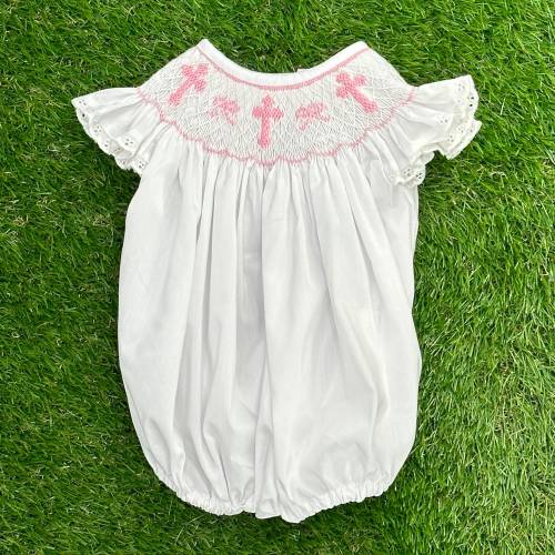 Smocked Bubble with Crosses and Bows in White with Pink - Baptism, Christening, Baby Girl, Heirloom, Bishop Style 544 *B
