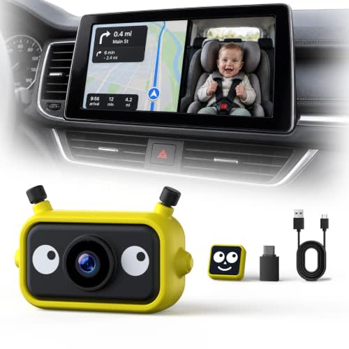 LAMTTO 1080P Baby Car Camera & Wireless CarPlay Adapter, IR Night Vision | Baby monitor for car: Split View/PIP on factory wired CarPlay touchscreens, no extra monitor. AirPlay & Miracast.
