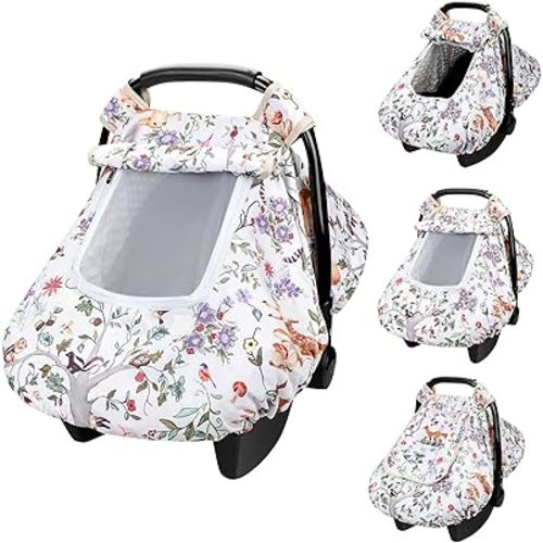 Baby Car Seat Cover, Minky Winter Infant Car Seat Cover with Windproof & Breathable Peep Window, Protects Baby from Wind & Sun (Woodland Animals)