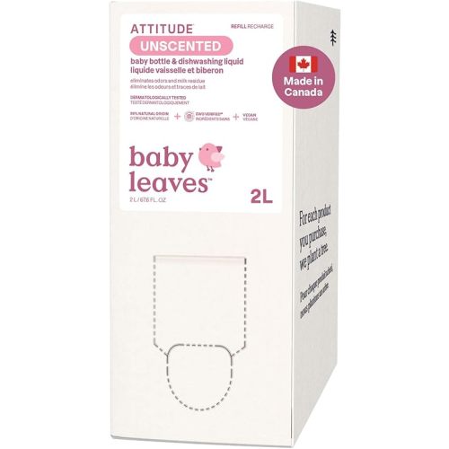 ATTITUDE Baby Dish Soap and Bottle Cleaner, Made in Canada, EWG Verified Dishwashing Liquid, No Added Dyes or Fragrances, Tough on Milk Residue and Grease, Vegan, Unscented, Bulk Refill, 2 Liters