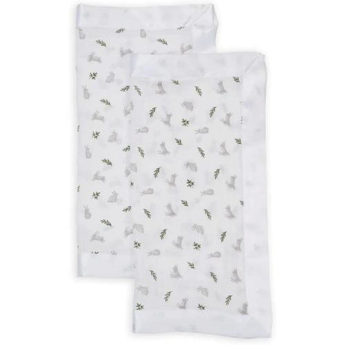 Lulujo Security Lovey Blankets | Unisex Softest Breathable Cotton Muslin Security Blanket Set with Silky Satin Trim | Neutral Comforting Blanket for Girls & Boys | 16in x 16 in | Bunnies