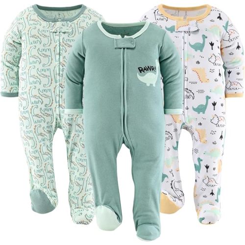 The Peanutshell Baby Sleepers for Boys Set of 3 - Soft Cotton Footed Pajamas for Newborns & Infants - Green Dino