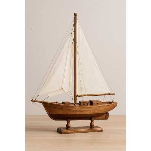 Handmade Wooden Sailboat Model: Rustic Nautical Decor, 40cm