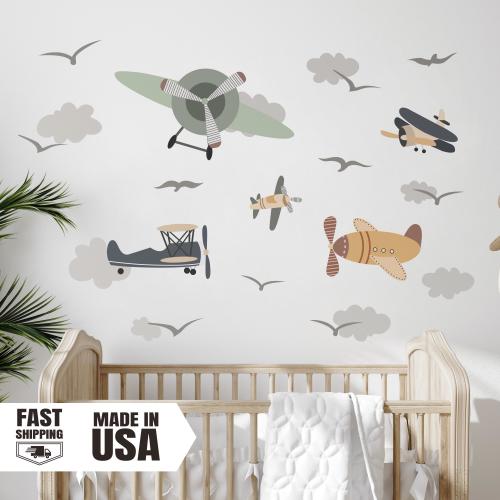 Watercolor Airplane Fabric Wall Decals - Vintage Plane Nursery Decor, Peel and Stick, Removable & Reusable Set