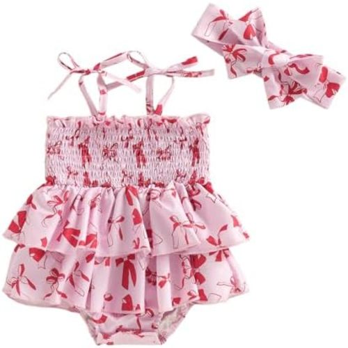 Newborn Infant Baby Girl Summer Outfit Sleeveless Strap Romper Dress Pink Bow Tutu Onesie + Headband 2Pcs