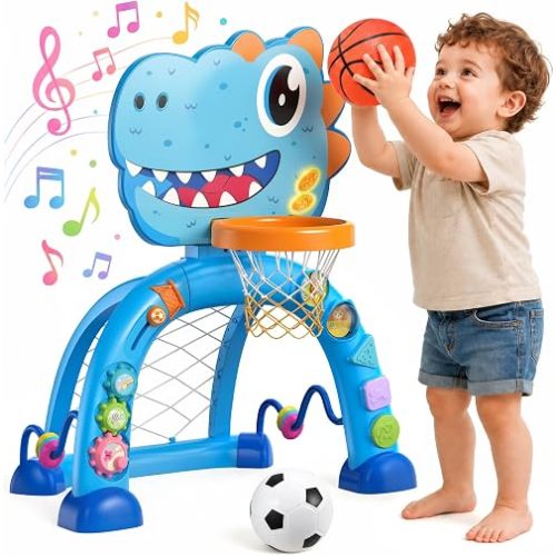 Dinosaur Toddler Basketball Hoop & Soccer Goal, Gift for Boys Girls Age 1-3