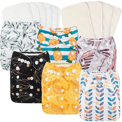 Babygoal Reusable Neutral Cloth Diapers 6 Pack with 10pcs Inserts, One Size Adjustable Washable Pocket Nappy Covers for Baby Boys and Girls 6FN06