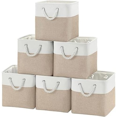 Cube Storage Bins, Collapsible Fabric Storage Cubes Bins, 11 Inch Cube Storage Bins with Handles, Foldable Storage Cubes (White/Beige, 6Pack)