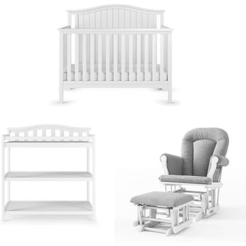 Child Craft Hampton Arch Top Crib, Changing Table, and Cozy Glider Nursery Set, 3-Piece, Includes 4-in-1 Convertible Crib, Changing Table, and Cozy Glider, Grows with Your Baby (Matte White)