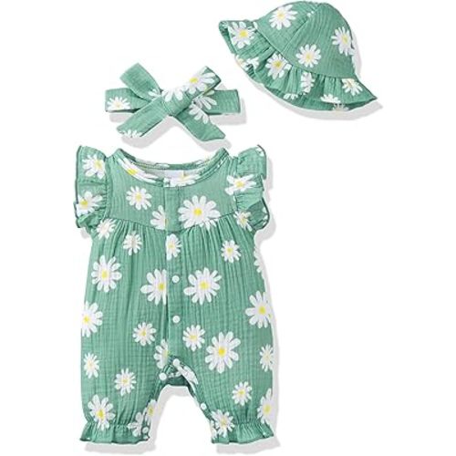 Renotemy Baby Girl Clothes Infant Summer Outfits Bubble Romper Cotton Linen Green Daisy Ruffle Sleeveless Bodysuit Jumpsuit with Hat&Headband Baby Shower Gifts Coming Home Outfit for 6-12 Months Girls