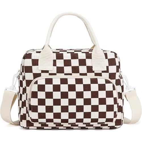 Lunch Bag Women Lunch Box for Women Adult Cute Insulated Lunch Bag Lager Cooler Lunch Tote Bags for Work Picnic (Coffee-White Plaid)