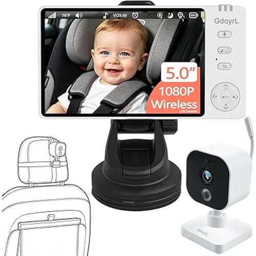 Wireless Baby Car Camera with 5-inch HD 1080P IPS, USB-Powered 360° Rotating Rear Seat Monitor (1000 ft)Auto/Manual Night Vision & VOX Mode, HD Display for Car Backseat Home Baby Pet (White A)