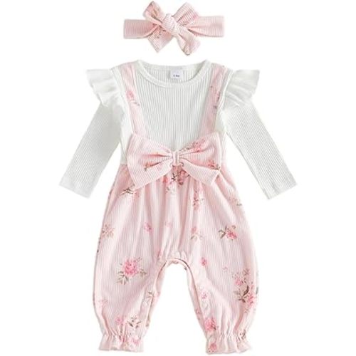 Newborn Baby Girl Fall Clothes Corduroy Floral Bow Onesie Jumpsuits Ruffle Long Sleeve Outfit Infant Cute Romper
