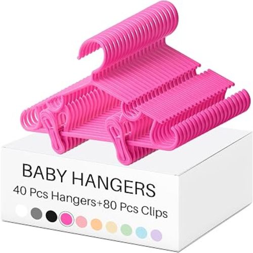 Hsei 5/10/40 Pack Baby Hangers with 10/20/80 Clips Plastic Kids Pants Hanger for Newborn Nursery/Daycare/Preschool Closet/Wardrobe Organizer Baby Shower Party(120 Packs Total,White,10.6 Inch)