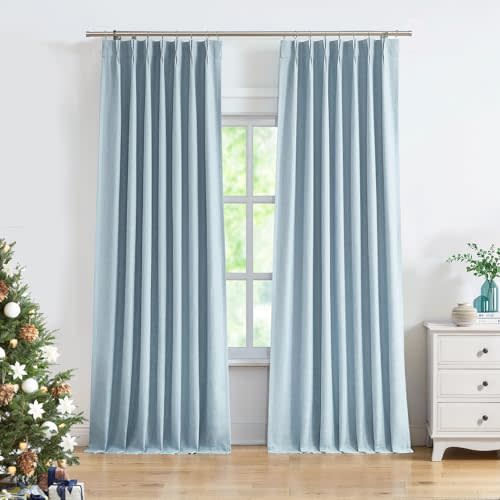 Dusty Blue Pinch Pleated Full Blackout Curtains Linen Texture Noise Reducing Window Treatment Panel 102 Inch for Living Room Bedroom Thermal Insulated Back Tab Drapes with Hooks, 2 Panel, 40"Wx102"L