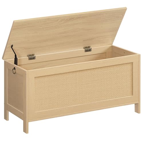 HOOBRO 39.4'' Storage Bench, Large Toy Box, Storage Chest with Faux Rattan Decoration, Toy Storage Organizer, Safety Hinge and Sturdy Support, for Living Room, Bedroom, Natural NL101CW01