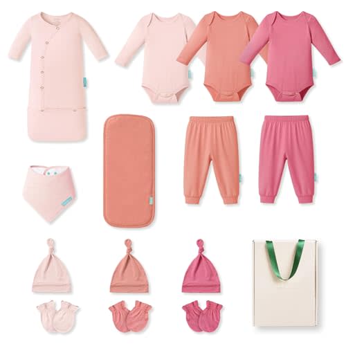 PurComfy Bamboo Newborn Clothes Gift Set: 14-Piece SuperSoft Layette & Accessories Set for Baby Girls — Daily Essentials Set
