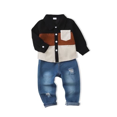 NZRVAWS Toddler Baby Boy Clothes Infant Plaid Pocket Shirt Denim Ripped Jean Pants Outfits Set 6-24 Months 2-5T