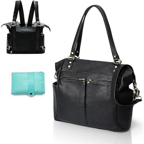 MOMINSIDE Diaper Bag Tote, 4 in 1 Leather Diaper Bag Backpack with 13 Pockets, Convertible Baby Bag Pañaleras Para Bebe for Mom Mommy Bag Hospital Bag, Changing Pad, 4 Large Insulated Pockets(Black)