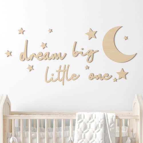 Briwooody 15 Pcs Dream Big Little One Wooden Nursery Wall Decor Boho Moon Stars Babyroom Wall Art Neutral Nursery Sign for Boys Girls Bedroom Home Farmhouse Living Playroom(Wood Color)