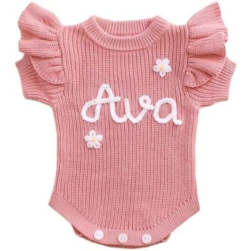 Personalized Baby Girl Onesie, Custom Name Toddler Bodysuit, Embroidered Newborn Outfit, Knitted Ruffle Romper