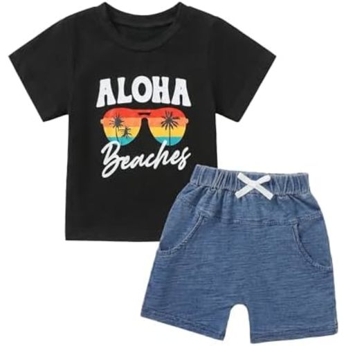 Jecson Baby Boy Summer Clothes Toddler Boy Outfits Letter Print Short Sleeve T-Shirt Denim Shorts Clothing Set 6M-4T