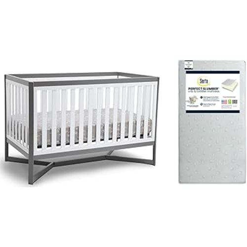 Delta Children Tribeca 4-in-1 Baby Convertible Crib + Serta Perfect Slumber Dual Sided Recycled Fiber Core Crib & Toddler Mattress - Waterproof - Hypoallergenic - GREENGUARD Gold Certified, Grey/White