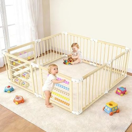 OMZER 67x67 Inch Wooden Baby Playpen - Foldable Baby Gate Play Pen for Babies and Toddlers - Indoor & Outdoor Portable Play Fence Area Enclosure - Adjustable Extra Large Play Yard for Kids, 8 Panels