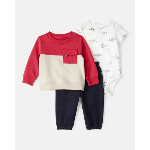 Baby Boy 3-Piece Airplane Sweatshirt Outfit Set - Red/Ivory | Carter's