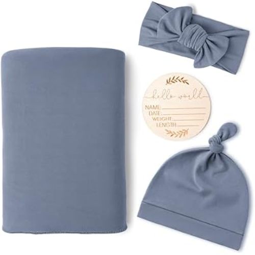 Konssy Newborn Swaddle Blanket with Beanie Hat Set, Baby Receiving Blanket