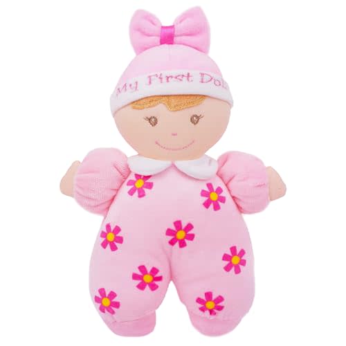 June Garden 9" My First Doll Sienna - Soft Plush Baby Doll with Rattle - Pink Outfit