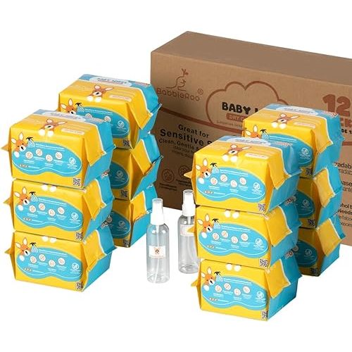 BabbleRoo Dry Wipes for Baby - 100% Plant-Based Cotton, Hypoallergenic, Fragrance-Free, Chemical-Free, Gentle for Sensitive Skin, Use Wet or Dry for Diaper Changes and Cleanups– 1200 Wipes