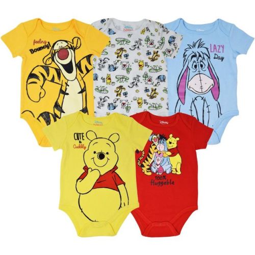 Disney Winnie the Pooh Baby Boys' Printed 5-Pack Short Sleeve Creepers with Snap Closure Yellow Red Multi 6-9 Months
