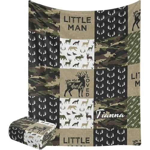 Personalized Little Antler Man Woodland Camouflage Baby Blanket with Name Text Custom Newborns Infants Swaddling Blankets for Boys &Girls Shower Birthday Gift 30 X 40 inches
