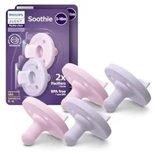 Philips Avent Soothie Baby Pacifiers - 100% Silicone Pacifiers for Babies 3-18 Months, One-piece Design, BPA-Free, Extra Durable, Lilac and Pink, 4 Pack, Model SCF192/70