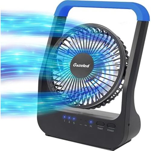 Battery Operated Fan, Camping Fan Battery Powered, Super Long Lasting, Portable D-Cell Battery Powered Desk Fan with Timer, 3 Speeds, Quiet, 180° Rotation, for Office,Bedroom,Outdoor, 5'', Blue