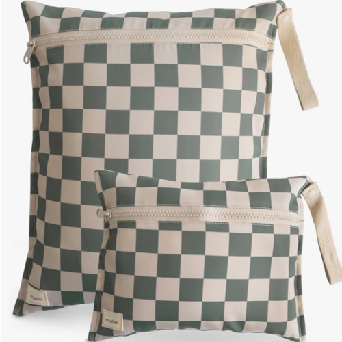 mushie Water Resistant Wet Bags | Large & Small Reusable Storage Bag for Baby Items and Travel | Zippered Pockets with Handle | Machine Washable, Set of 2 (Olive Check)